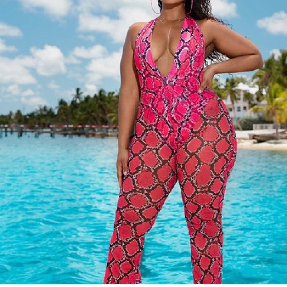Pink snake print jumpsuit swimsuit coverup